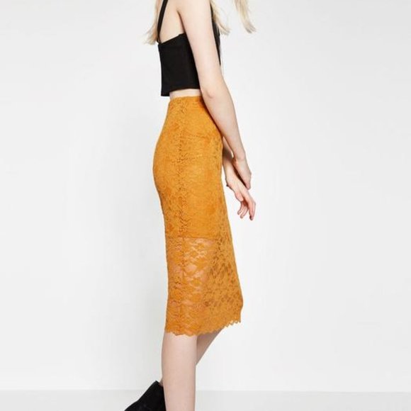 Zara Yellow Mustard Lace Midi Skirt - Picture 2 of 7